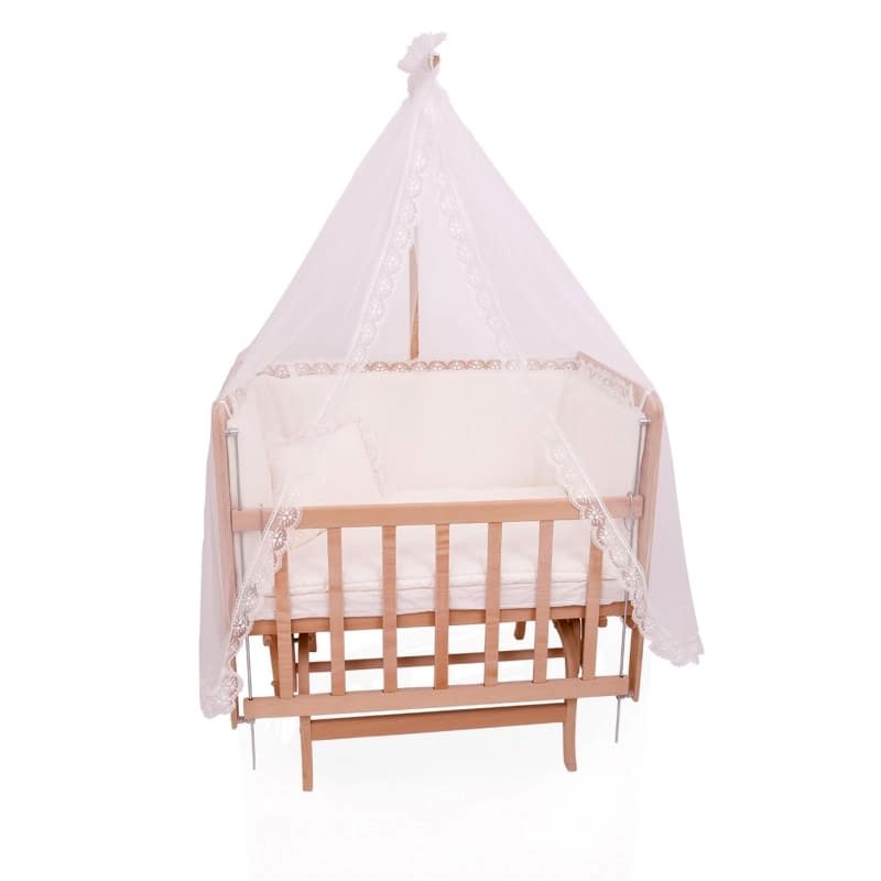 AHŞAP ANNE YANI 60*90 CM 3 KADEMELİ ASANSÖRLÜ BEŞİK ( KREM-FRANSIZ DANTELLİ)