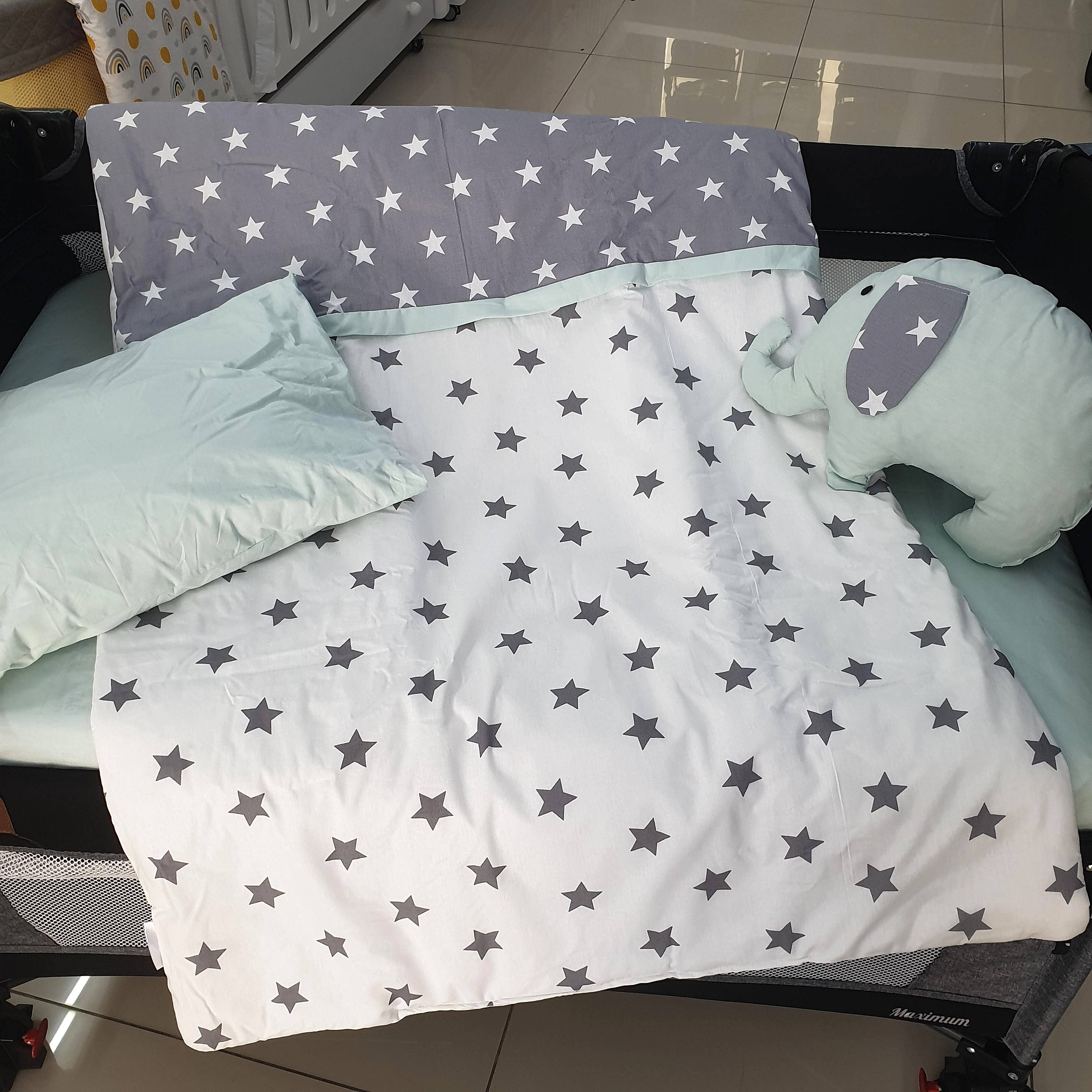 YILDIZLI FİL MODEL LÜX 5 PARÇA PARK YATAK UYKU SETİ (SU YEŞİL)